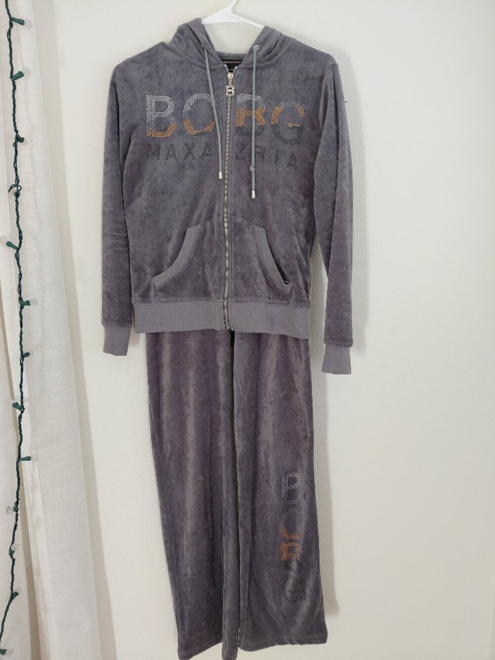 Y2K Gray Velour Bling Tracksuit Hoodie Pants Small